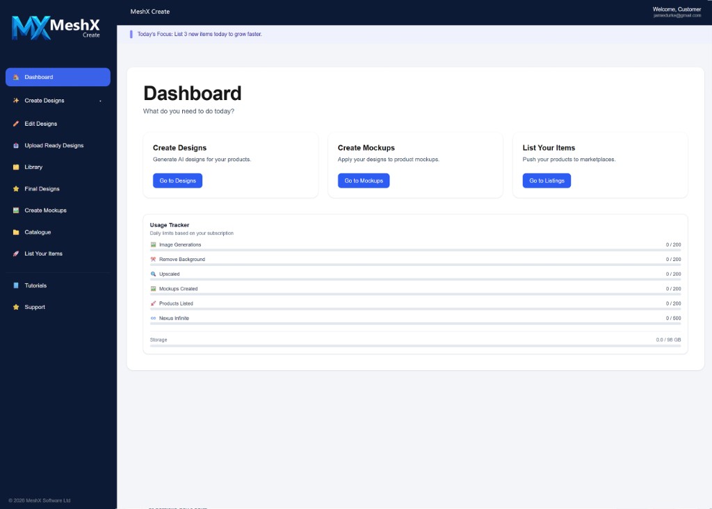 MeshX Create dashboard showing usage summary, quick-start cards for designs, mockups and listings