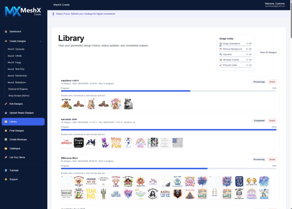 MeshX Create Library showing design batches with thumbnails